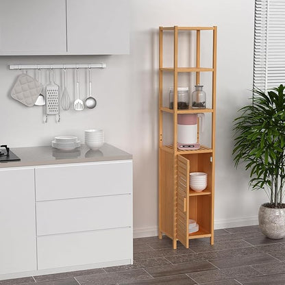 67" Tall Bathroom Cabinet，Linen Tower Cabinet with Single Door and 3 Tier Shelves，Bamboo Freestanding Cabinets Storage Organizer for Living Room, Bedroom, Kitchen