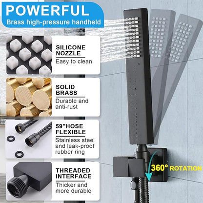 Rain Shower System,12 Inch Wall Mounted Rain Shower Head with Body Jets and Handheld Shower, Push Button Thermostatic Shower Faucet Set, Can Use all Options at a Time, Matte Black
