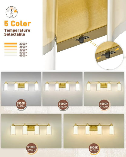 HWH 4-Light Bathroom Vanity Light, Brushed Gold, 5CCT, 5HLT63B-4W-LED BG | Clear Glass, Dimmable, 24W, Vanity Lights for Bathroom, Brass Wall Light Fixtures, Vanity Lights for Mirror, For Bedroom