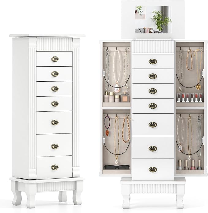 DREAMADE Jewelry Armoire, Standing Jewelry Box w/Mirror & 7 Drawers, White | Flip Top Organizer with 2 Side Doors and Anti-Toppling Device, Large Jewelry Cabinet Storage for Bedroom