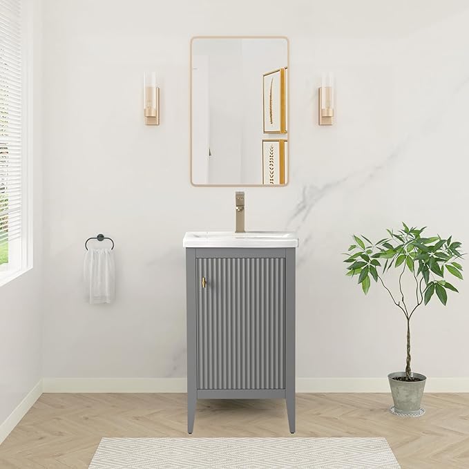 HOMEBEYOND 20" Bathroom Vanity with Ceramic Sink, Solid Wood Free-Standing Vanities Cabinet, Ceramic Top, Golden Brushed Handware & Soft Closing Door, Cashmere Gray