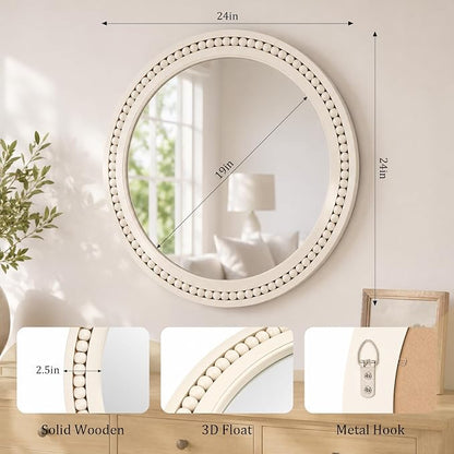 Saliwa 24 Inch Round Bathroom Mirror, White Wood Framed Wall Mirror, Rustic Farmhouse Round Mirror for Vanity, Entryway, Living Room, Bedroom and Hallway