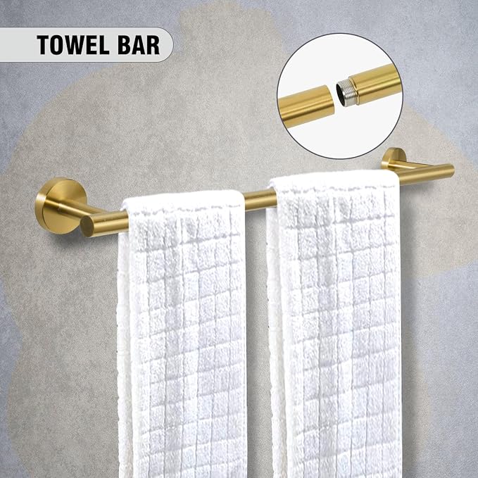 5 Piece Modern Style Wall Mounted Bathroom Hardware Set | #304 Stainless Steel, 24" Towel Bar Mount, Towel Rings, 2 Pillar Toilet Paper Holder, Bathrobe Hook (Brushed Gold)