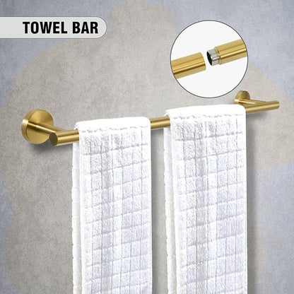 5 Piece Modern Style Wall Mounted Bathroom Hardware Set | #304 Stainless Steel, 24" Towel Bar Mount, Towel Rings, 2 Pillar Toilet Paper Holder, Bathrobe Hook (Brushed Gold)