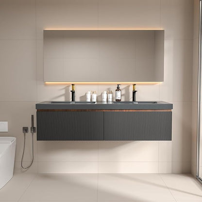 60 Inch Floating Bathroom Vanity with Double Sink, Modern Black Wall Mounted Floating Vanity with Scratch-Resistant Quartz Sand Basin, Soft Closing Drawers, Fully Pre Assembled Bathroom Vanity