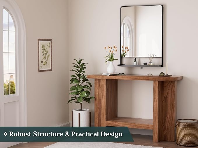 Keonjinn 22 x 30 Inch Black Bathroom Mirror with Shelf, Rust-Resistant | Rounded Corner, Rectangle Metal Bathroom Vanity Mirror with Storage, French Cleat Mount, Entryway, Bedroom, Hallway, Décor