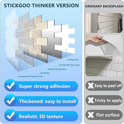 STICKGOO Subway Tile Peel and Stick Backsplash, Thicker Design 12" x 12" Stick on Backsplash Tiles for Kitchen, Bathroom, Wall Tile (10 Sheets, Brown Marble Look)