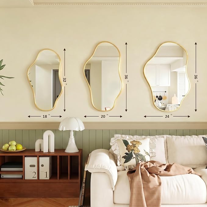 Irregular Wall Mirror, 24"x36" Asymmetrical Mirror with Metal Frame, Decorative Wall Mirror for Entryway Bathroom Living Room Bedroom, Horizontal or Vertical Hanging