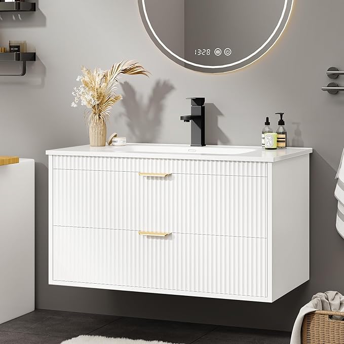Vabches 30 Inch Bathroom Vanity with Sink, Wood Grain Wall Mounted Vanity with 2 Storage Darwers, Floating Bathroom Vanity with Storage, Bathroom Floating Vanity with Sink, Faucet, Drain, White