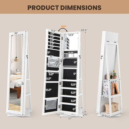 CHARMAID 3-in-1 Jewelry Armoire with Full Length Mirror, 360° Swivel Lockable Jewelry Cabinet with Shelves, Freestanding Mirror Organizer for Earrings, Necklaces, Rings, Makeup (White)