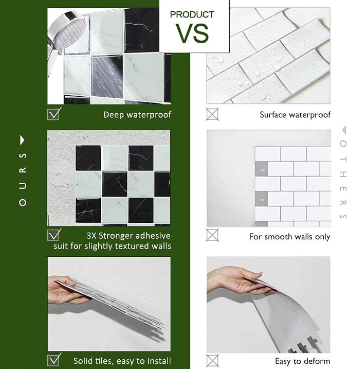 STICKGOO 10 Sheets Peel and Stick Backsplash - 9" x 9" 3D Adhesive Peel and Stick Tile Backsplash for Kitchen&Bathroom