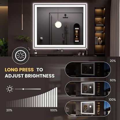 LOAAO 48"X40" LED Bathroom Mirror Black Framed | Anti-Fog, Dimmable, Memory Function, Tempered Glass, Lighted Vanity Mirror for Wall