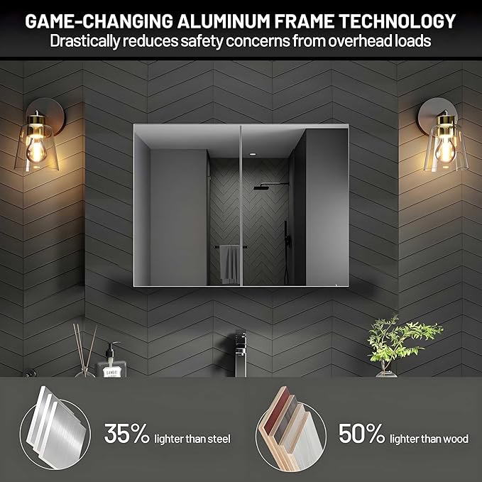 32 x 24 Medicine Cabinet Mirror for Bathroom,Assembly Required,Aluminum Alloy Frame,Surface-Mount Only,Mirrored Side Panel,Adjustable Shelves,Bathroom Medicine Cabinet with Mirror