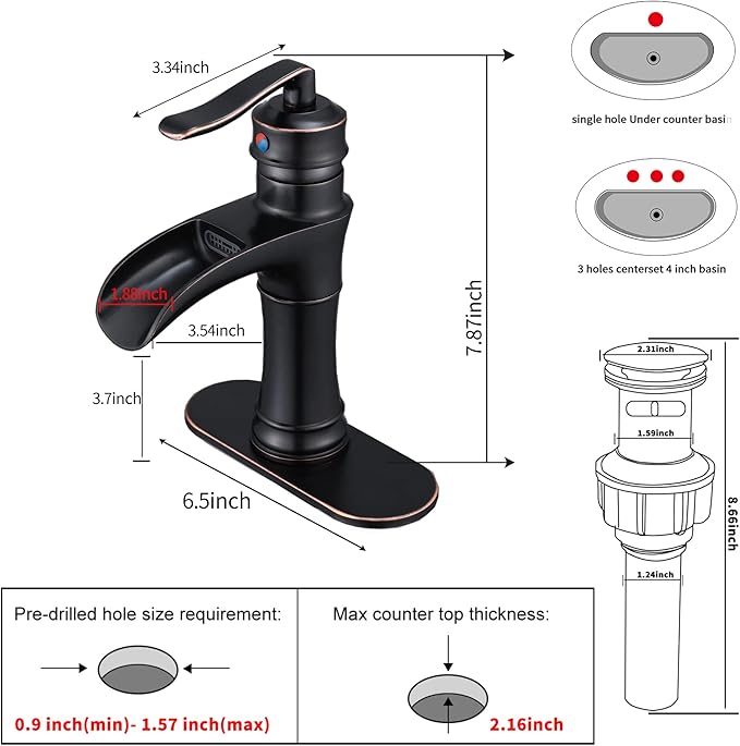 Oil Rubbed Bronze Bathroom Faucet GGStudy Waterfall Single Handle One Hole Farmhouse Bronze Bathroom Vanity Faucet Basin Mixter Tap Deck Mount with Drain Assembly