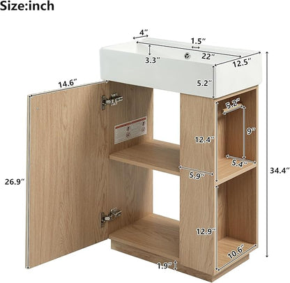Merax Bathroom Vanity, Undermount Sinks Vanity with Side Storage, Floor Standing Bathroom Storage Cabinet Combo Set, Small Bathroom Sink Vanity, Oak