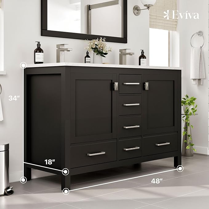 Eviva London 48 x 18 inch Espresso Transitional Double Sink Bathroom Vanity with White Carrara Quartz Countertop and Undermount Porcelain Sinks