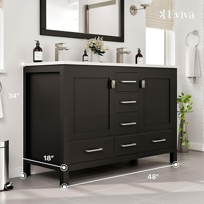 Eviva London 48 x 18 inch Espresso Transitional Double Sink Bathroom Vanity with White Carrara Quartz Countertop and Undermount Porcelain Sinks
