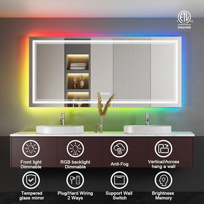 77x36 Inch RGB LED Bathroom Mirror with Lights | Front and RGB Backlit, Dimmable, Memory, Anti Fog, Shatterproof, Horizontal/Vertical, Lighted Mirrors for Bathroom Wall