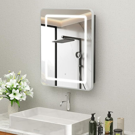ROOMTEC Lighted Medicine Cabinet with Mirror 20"x30", Wall Mounted Bathroom Mirror with Storage, Single Doors Bathroom Wall Cabinet with LED Lights,Silver