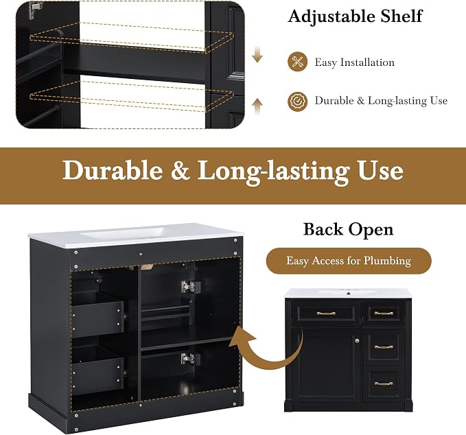 36" Bathroom Vanity with Ceramic Sink,Modern Freestanding Storage Cabinet w/Soft-Close Door and 2 Tip-Out & 2 Drawers,Undermount Single Basin Bath Vanity Set w/Adjustable Shelf,Black