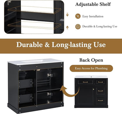 36" Bathroom Vanity with Ceramic Sink,Modern Freestanding Storage Cabinet w/Soft-Close Door and 2 Tip-Out & 2 Drawers,Undermount Single Basin Bath Vanity Set w/Adjustable Shelf,Black