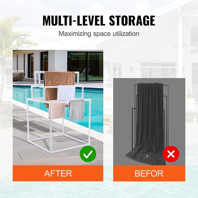 VEVOR Pool Towel Rack, 8 Bars Outdoor PVC Towel Holder, Freestanding Pool Towel Hanger Stand Next to Hot Tub, Outdoor Indoor Quilt Drying Rack Organizer, Ideal for Poolside, Bathroom, Spa, White