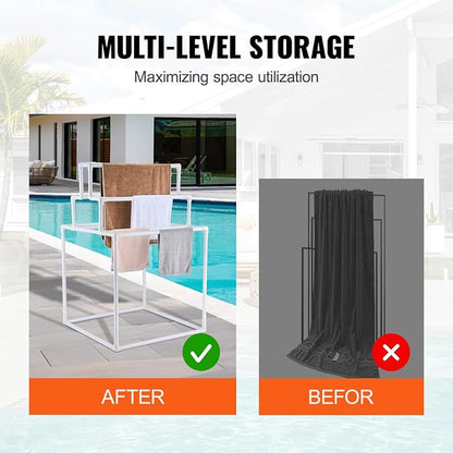 VEVOR Pool Towel Rack, 8 Bars Outdoor PVC Towel Holder, Freestanding Pool Towel Hanger Stand Next to Hot Tub, Outdoor Indoor Quilt Drying Rack Organizer, Ideal for Poolside, Bathroom, Spa, White