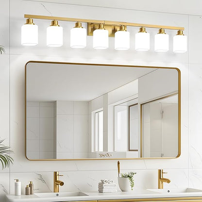 Bathroom Vanity Light,8-Light Brushed Gold Bathroom Light Fixtures with Square Frosted Glass, 51in Gold Wall Lamp Sconces for Mirror Bedroom,Living Room Hallway,E26