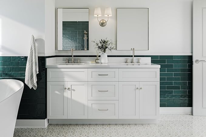 ARIEL Hamlet 66-inch Bathroom Vanity with Sink,Solid Wood, 1.5-inch Pure White Quartz Countertop & Backsplash, Double Rectangular Porcelain Sink, 4 Soft Closing Doors, 3 Dovetail Drawers, White