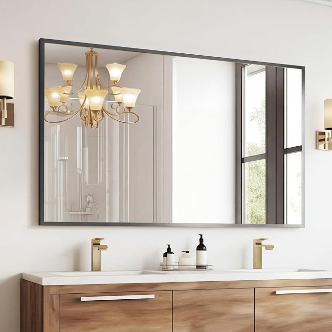Sweetcrispy Bathroom Mirror, 30" x 48" Rectangle Wall Mount Mirrors | Rectangle Metal Frame Tempered Glass, Over Sink Home Decor, Modern Anti-Rust, Black