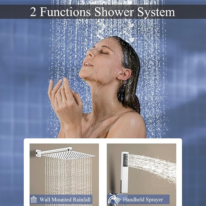 Shower Faucet Set 16 Inch Wall Mount Rain Shower System, All Metal Shower Fixtures - Polished Chrome