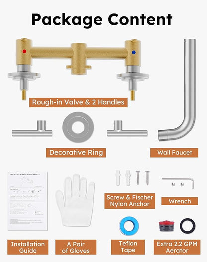 Brushed Nickel Bathroom Faucet,WOWOW 2 Handle Wall Mount Bathroom Faucet, Vessel Sink Faucet Wall Mount and Brass Rough-in Valve Included