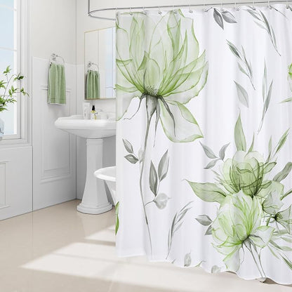 Sage Green Boho Floral Shower Curtain, Watercolor Botanical Design, 72 x 72 | Boho Floral Design, Watercolor Ink Painting Style, Botanical Flowers & Leaves, Elegant Bathroom Accent, Fabric Cloth Curtain