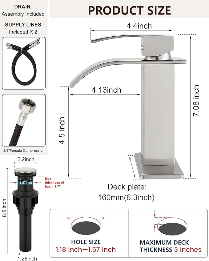 Midanya Bathroom Faucet with Waterfall Spout, Single Hole or 3-Hole Deck Mount, 304 Stainless Steel Sink Faucet with Pop-Up Drain, RV Vanity Compatible,Brushed Nickel