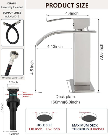 Midanya Bathroom Faucet with Waterfall Spout, Single Hole or 3-Hole Deck Mount, 304 Stainless Steel Sink Faucet with Pop-Up Drain, RV Vanity Compatible,Brushed Nickel
