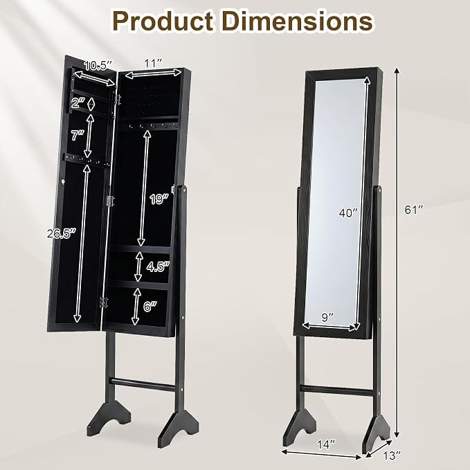 Giantex Jewelry Armoire with Full Length Mirror, Freestanding Jewelry Organizer Cabinet with Ring Slots, Earring Holders, Necklace Hooks & Storage Shelves for Bedroom (Black)
