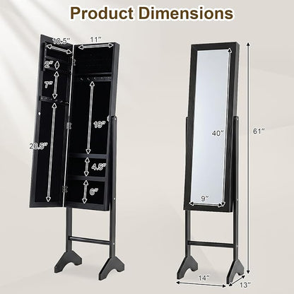 Giantex Jewelry Armoire with Full Length Mirror, Freestanding Jewelry Organizer Cabinet with Ring Slots, Earring Holders, Necklace Hooks & Storage Shelves for Bedroom (Black)