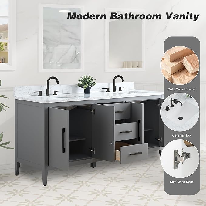 HomeBeyond 72 Inch Bathroom Vanity with Sink & Ceramic Top, Double Vanity Cabinet with Basin, Soft-Closing Doors & Matte Black Hardware, Grey