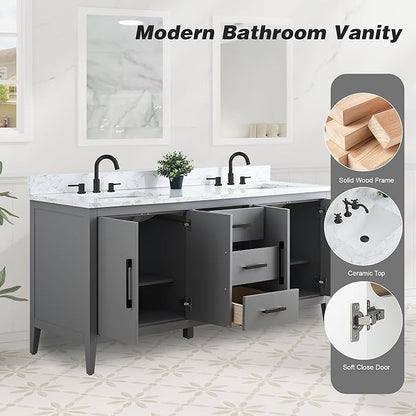 HomeBeyond 72 Inch Bathroom Vanity with Sink & Ceramic Top, Double Vanity Cabinet with Basin, Soft-Closing Doors & Matte Black Hardware, Grey