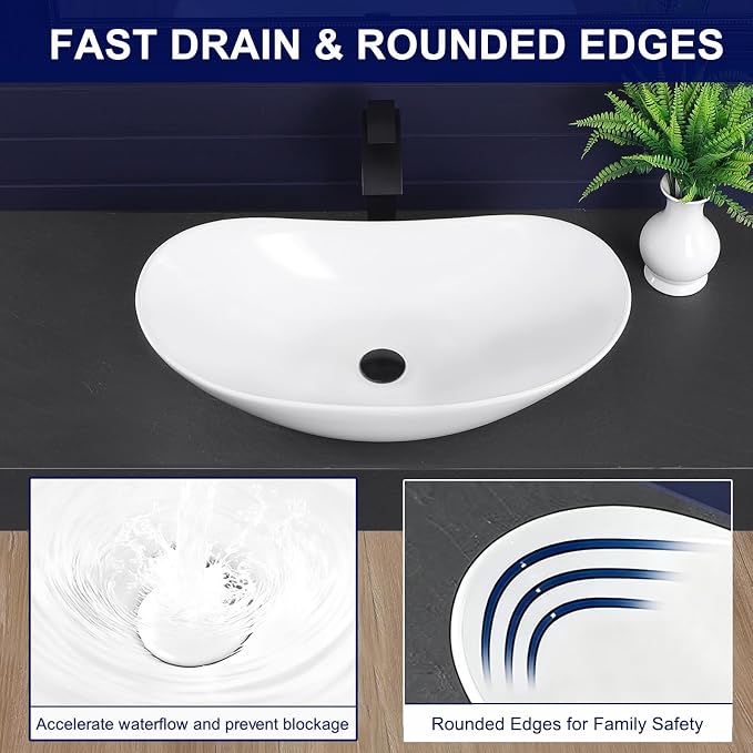 Vessel Sink 27.6"x14.8" Oval Bathroom Sink White Above Counter | Modern Porcelain Ceramic Drop-in Vanity Sink for Bathrooms Art Basin