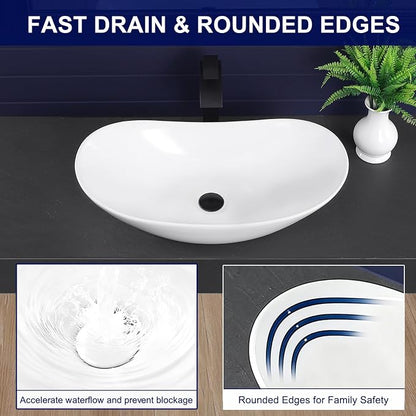 Vessel Sink 27.6"x14.8" Oval Bathroom Sink White Above Counter | Modern Porcelain Ceramic Drop-in Vanity Sink for Bathrooms Art Basin