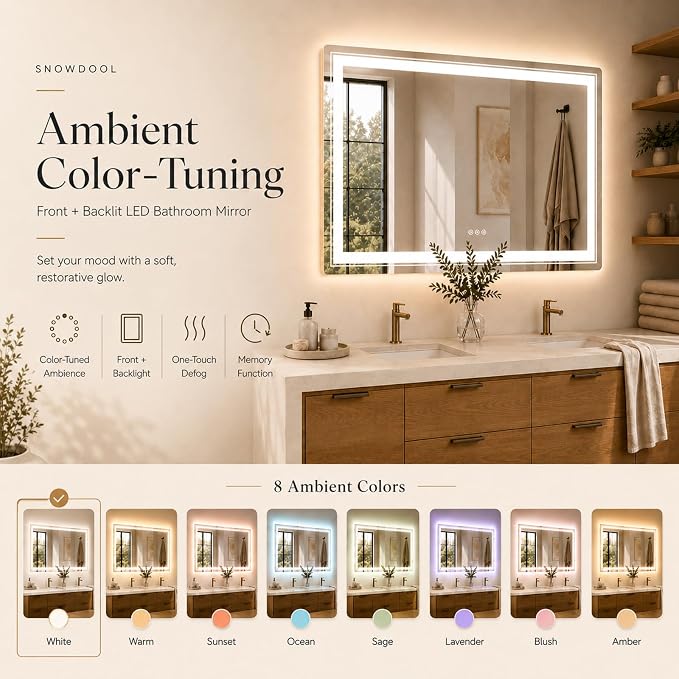 Snowdool 72"X32" LED Bathroom Mirror with Front and Backlit Lighting, 8 RGB Backlit＋3 Color Temperatures, Dimmable Anti-Fog Vanity Mirror for Bathroom Over Sink, Tempered Glass