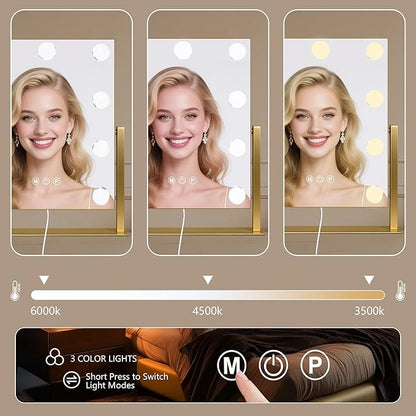 Moonee Gold Vanity Mirror with Lights, Hollywood Lighted Makeup Mirror with 9 Dimmable Bulbs and 10X Magnification 360°Rotation, 3 Colors Modes, Light Up Mirror for Tabletop（12" x 14"）