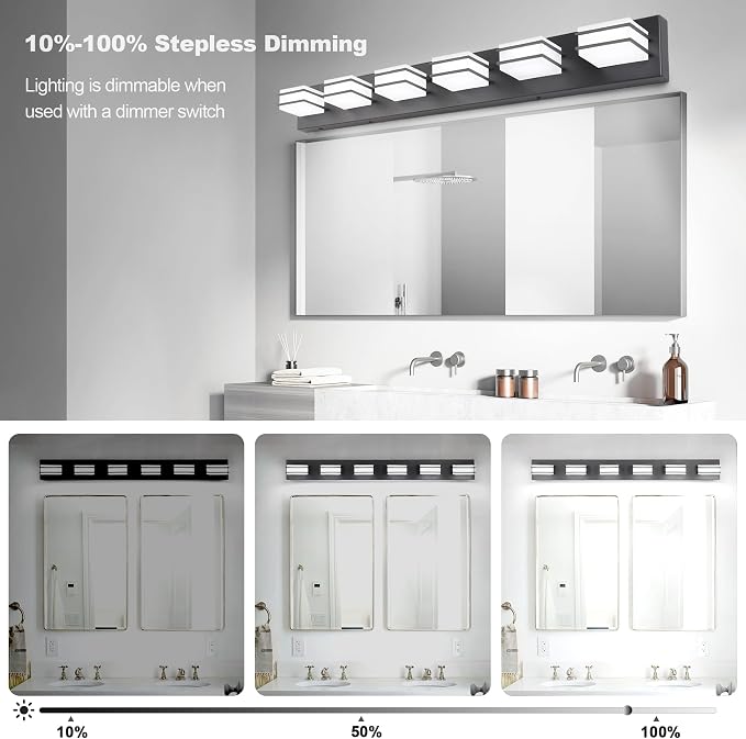 GOODATE 3 Color Temperature Dimmable Vanity Lights for Bathroom, Black 6 Light Vanity Light Fixtures, Acrylic Stainless Steel Square Shade Light Fixtures for Bathroom Above Mirror, ETL Certificated