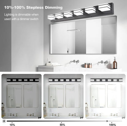 GOODATE 3 Color Temperature Dimmable Vanity Lights for Bathroom, Black 6 Light Vanity Light Fixtures, Acrylic Stainless Steel Square Shade Light Fixtures for Bathroom Above Mirror, ETL Certificated