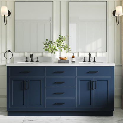 ARIEL Hepburn 72-inch Bathroom Vanity with Sink,Solid Wood, 1.5-inch Pure White Quartz Countertop & Backsplash, Double Oval Porcelain Sink, 4 Soft Closing Doors, 6 Dovetail Drawers, Midnight Blue