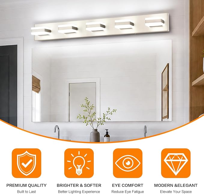 SOLFART Bathroom Brushed Nickel Bathroom Light Fixture, Vanity Lights Over Mirror, 5 Light Led Lights for Bathrooms,5 Color Temperature Adjustable Vanity Lights for Bath Nickel ETL Listed