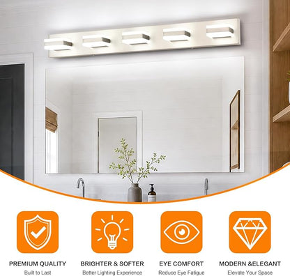 SOLFART Bathroom Brushed Nickel Bathroom Light Fixture, Vanity Lights Over Mirror, 5 Light Led Lights for Bathrooms,5 Color Temperature Adjustable Vanity Lights for Bath Nickel ETL Listed