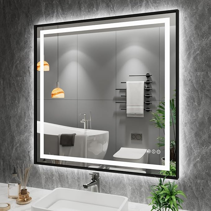 40"X38" LED Bathroom Mirror with Black Frame, Front Lit and Backlit | Metal Framed Mirror, Stepless Dimmable, HD Reflection, Anti-Fog, Shatter-Proof, Memory, 3 Colors Lighting, UL Listed.
