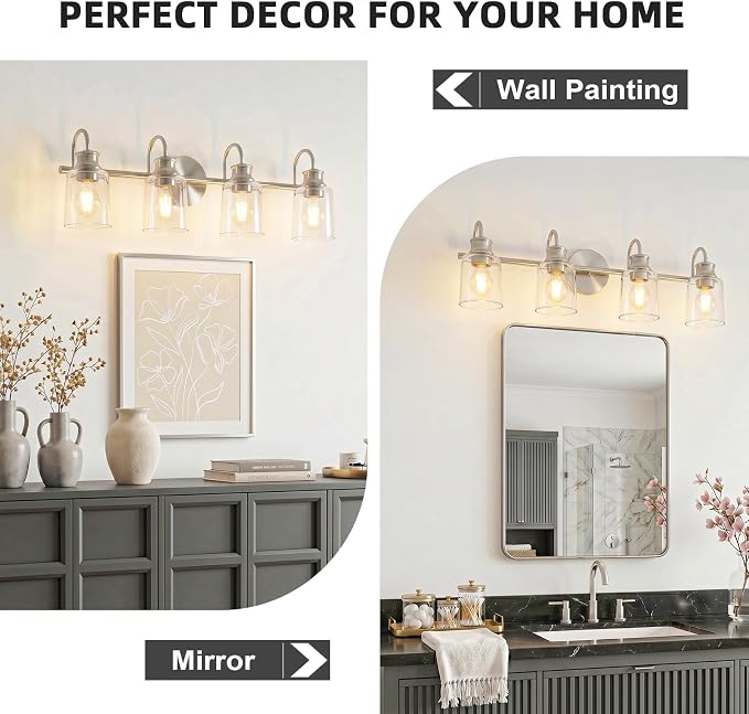 4 Lights Bathroom Light Fixtures Brushed Nickel Vanity Lights | ETL Certificate, Easy to Install,Wall Mount Up or Down,Thickened Glass Lampshade,E26 Socket,Hardwired